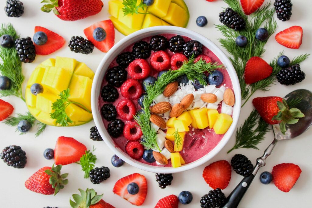 A yoghurt bowl topped with fruit